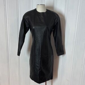 Vintage AMBRIA Black Genuine Leather Fitted Dress | Quilted Shoulders | Size 10